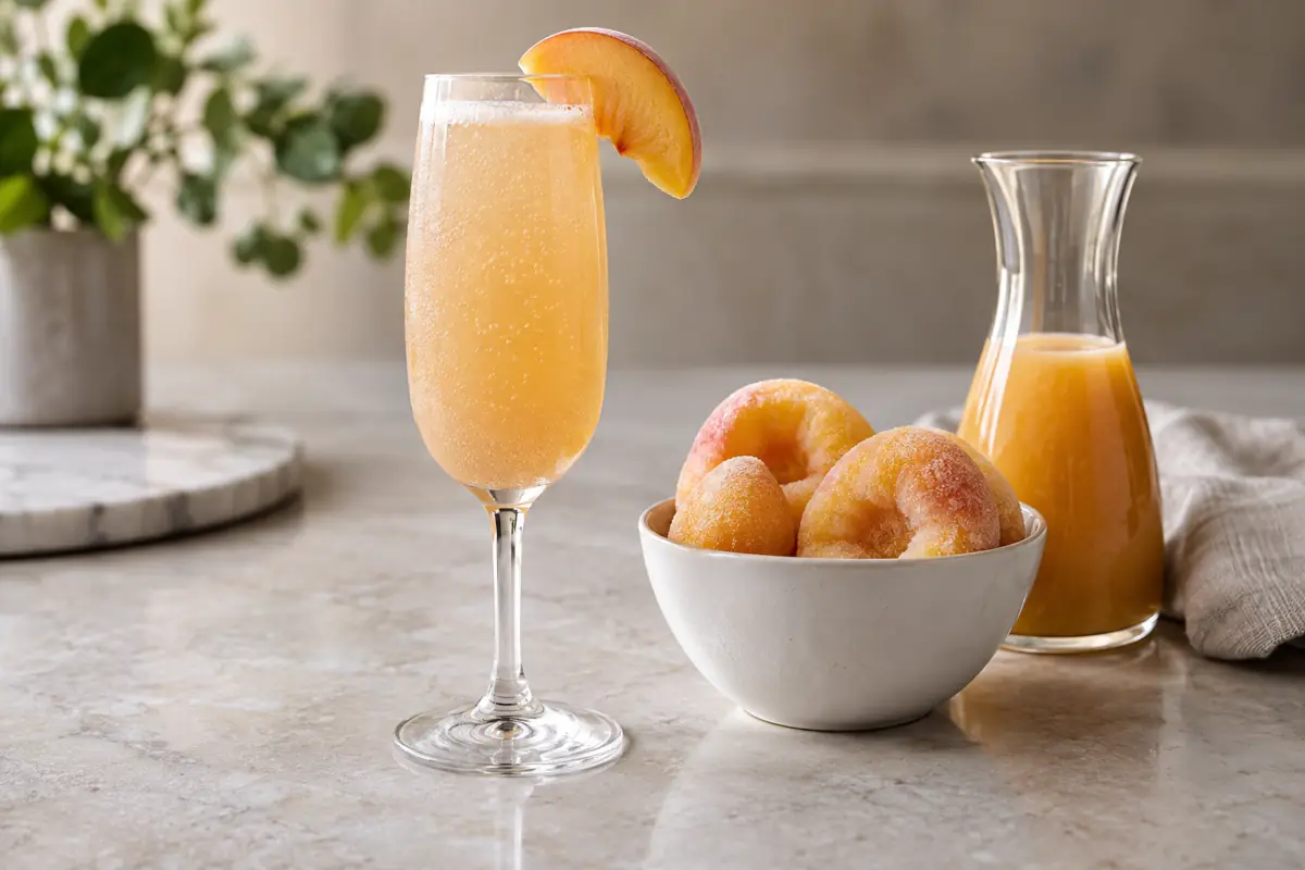Finished sparkling Bellini beside frozen peach input and puree