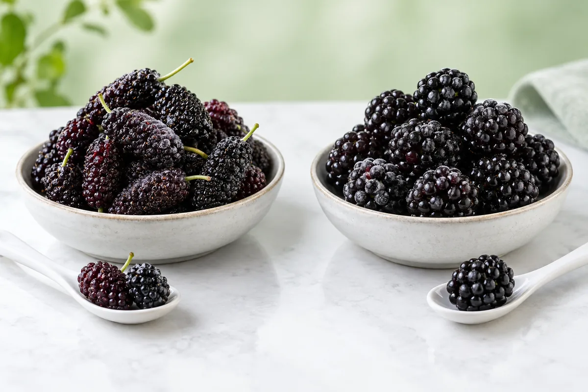 Two separate bowls of dark mulberries and blackberries on a tasting bench