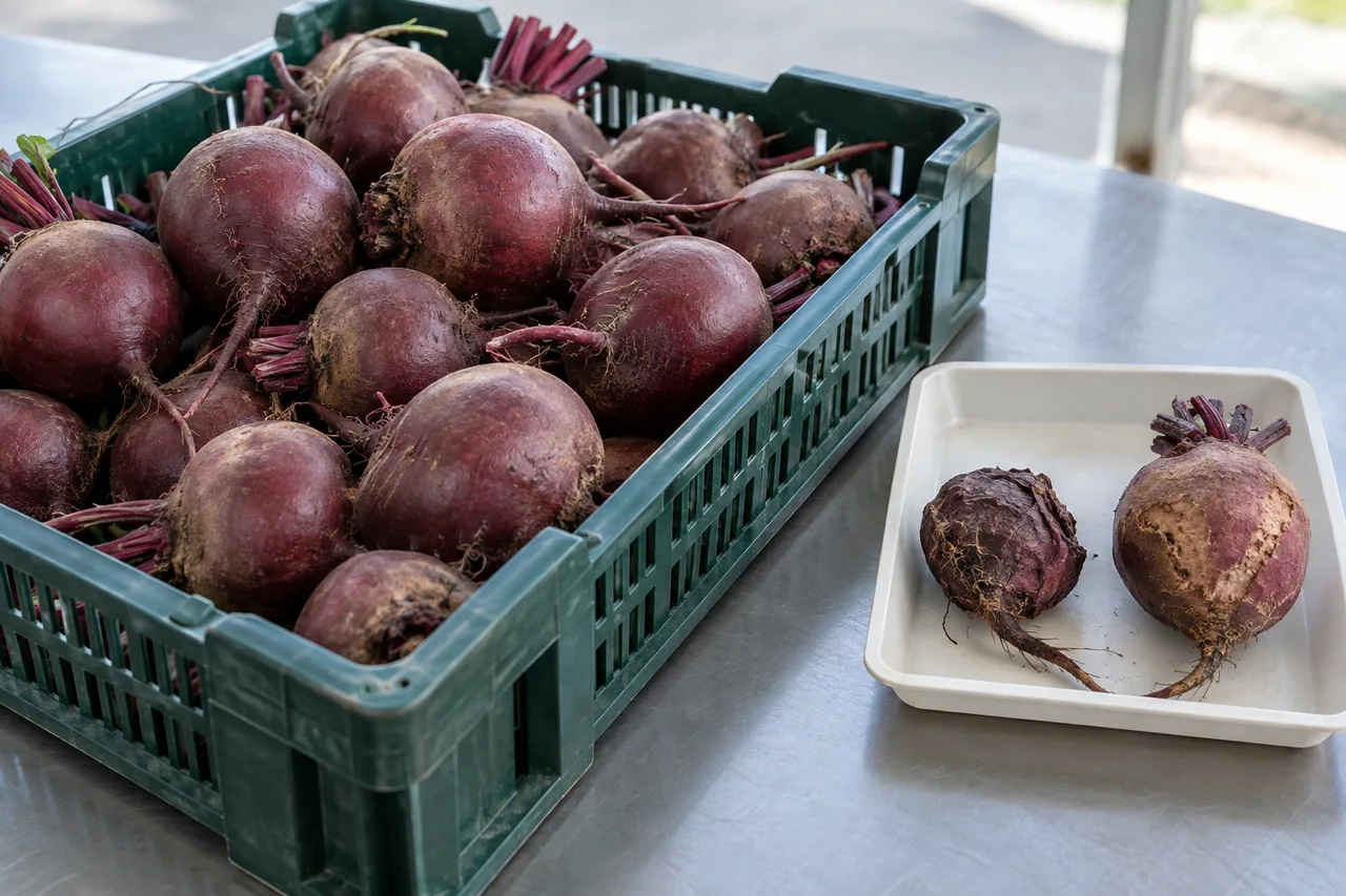 Sound and scuffed fresh beets separated during a receiving check.